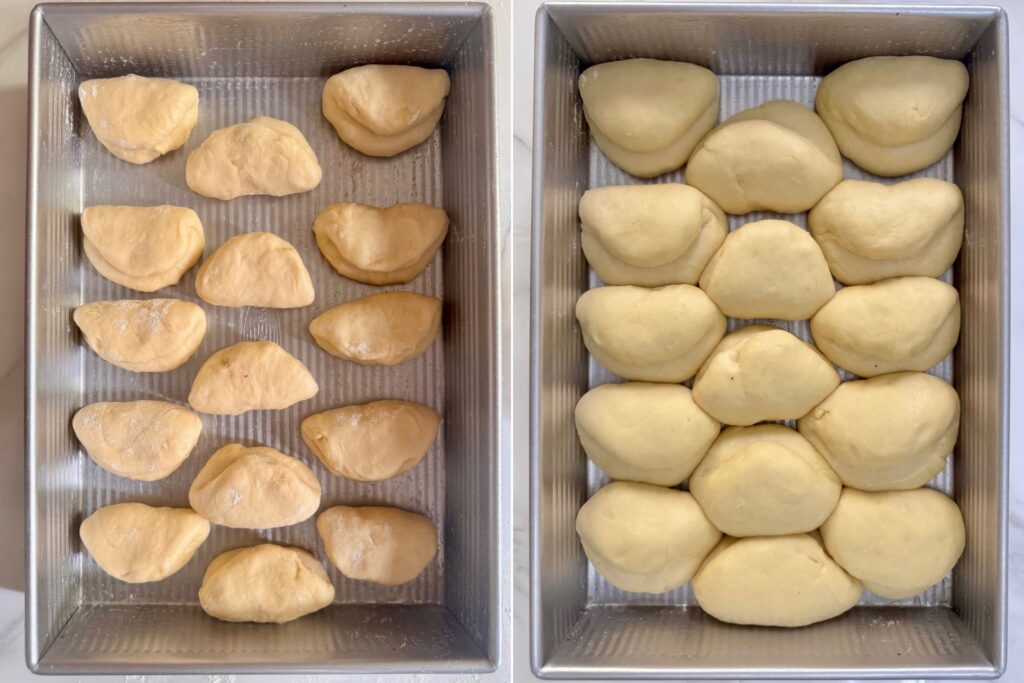 Parker House rolls before and after rising.