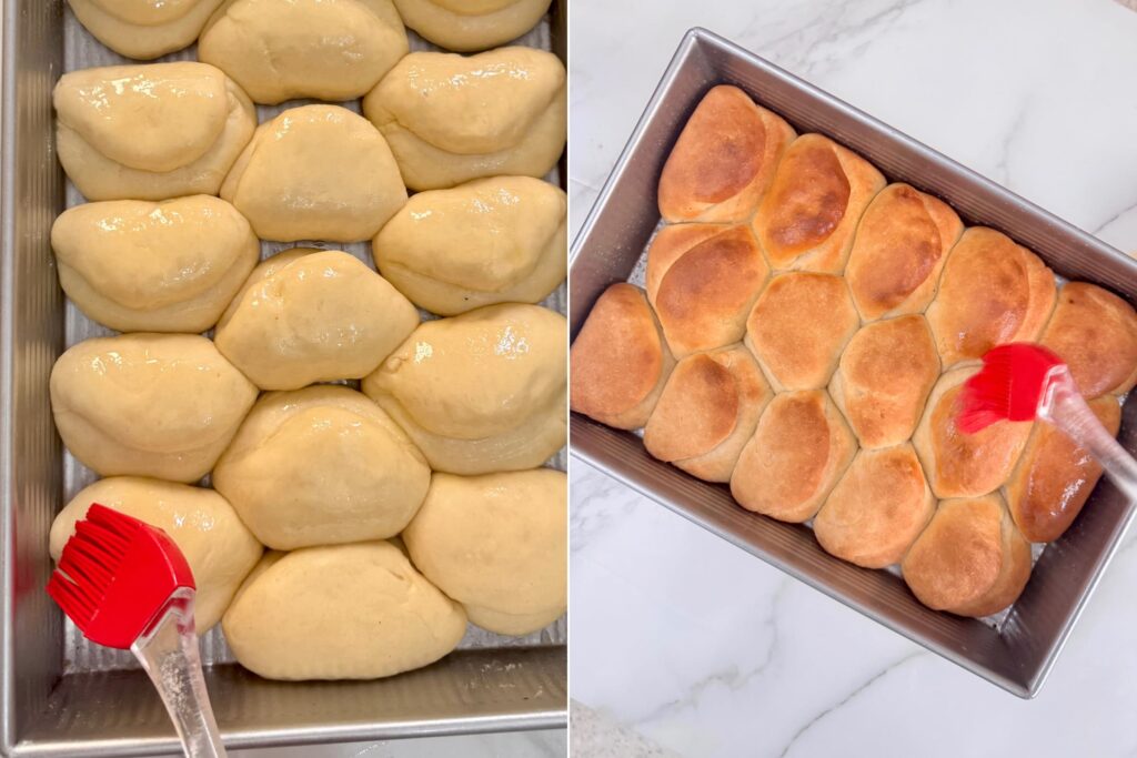 Parker House rolls before and after baking.