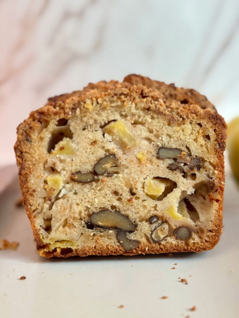 Apple walnut bread on plate.