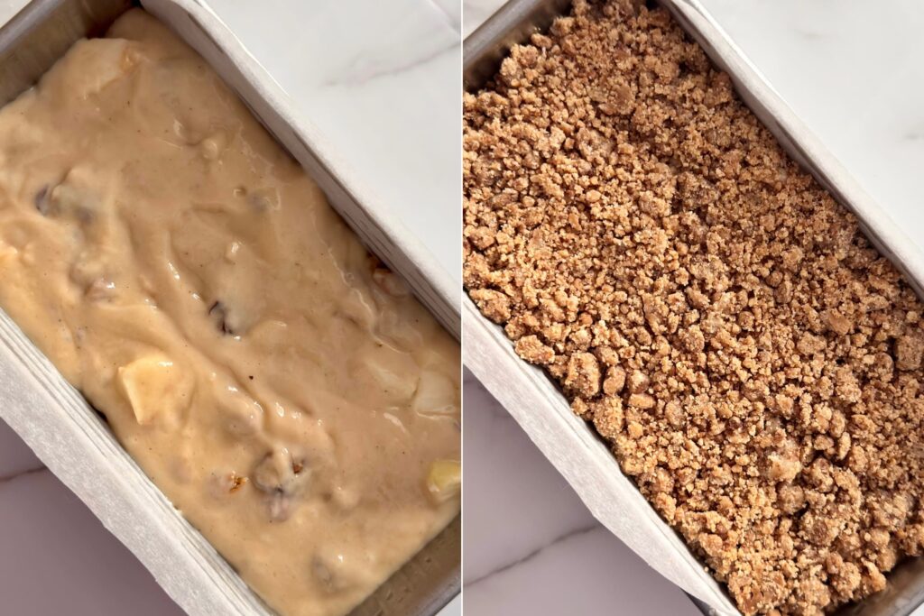 On the left: the batter in the pan, before adding Crumbs. On the right: the batter in the pan after adding crumbs.
