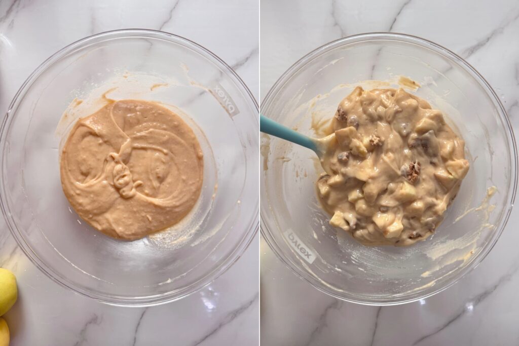 On the left: the batter before adding apple and walnuts. On the right: the batter after adding apples and walnuts.