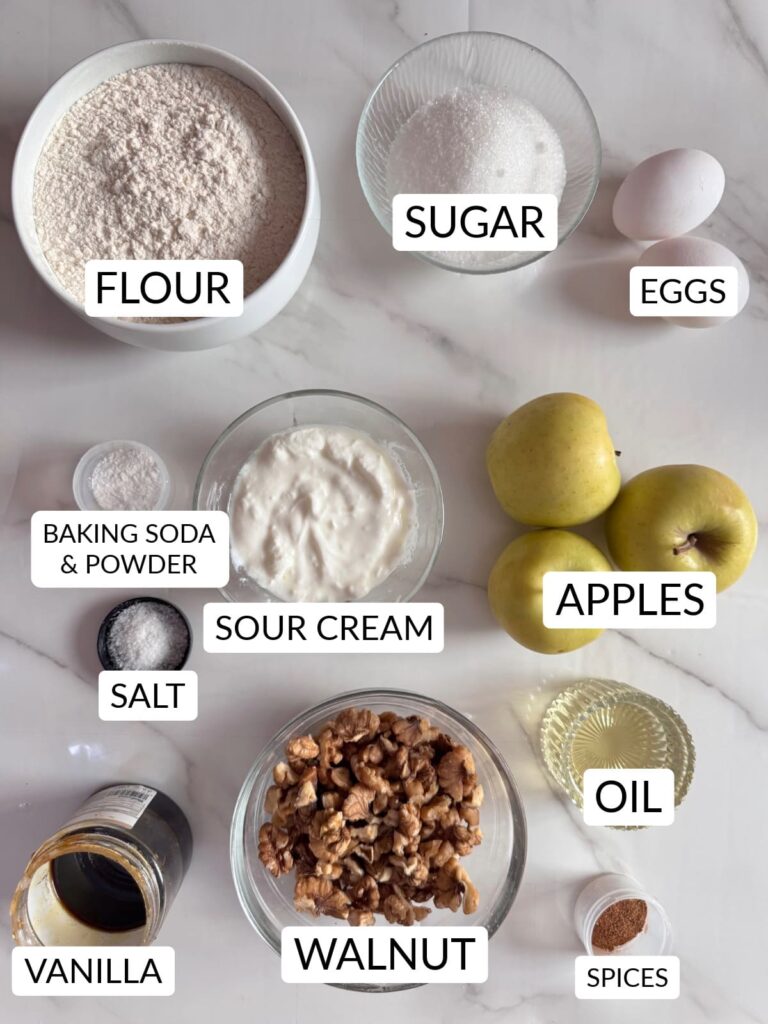 apple walnut bread ingredients include flour, sugar, sour cream, walnut, apples, and other ingredients.