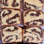 A high-angle view of thick slices of Cozonac bread.