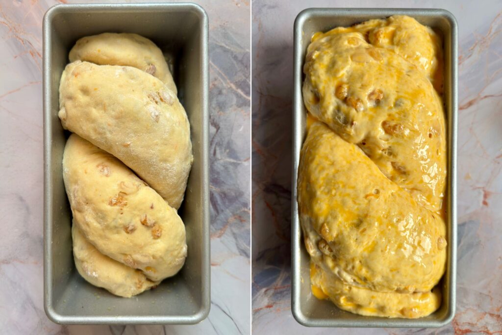 A side-by-side comparison of Cozonac dough in a 10x5 loaf pan: on the left, the freshly shaped dough; on the right, the dough doubled in size after rising and finished with a shiny egg wash