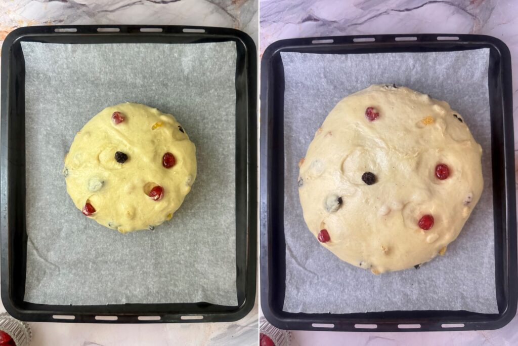 On the left: The dough before 2nd rising time. On the right: The dough after 2nd rising time.