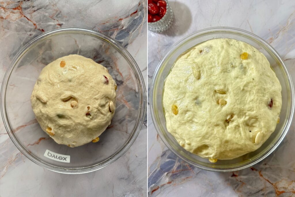 On the left: The dough before 1st rising time. On the right: the dough after 1st rising time.