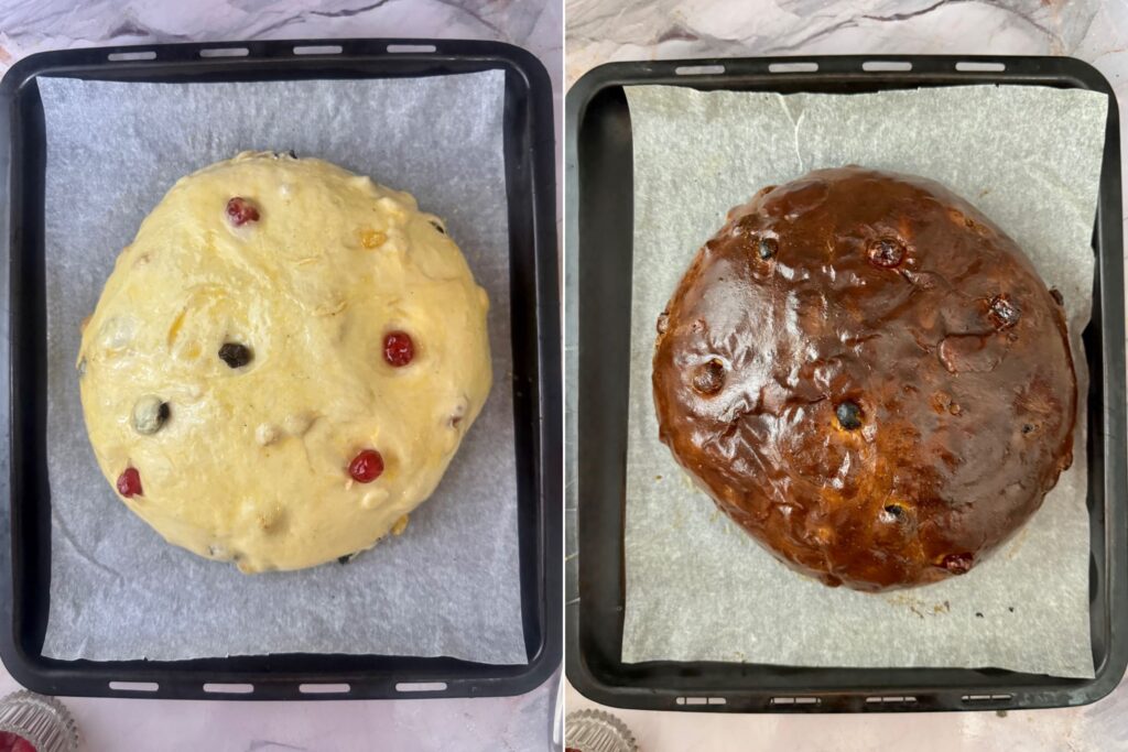 On the left: Shaped bread, washed and ready to bake. On the right: Freshly baked bread.