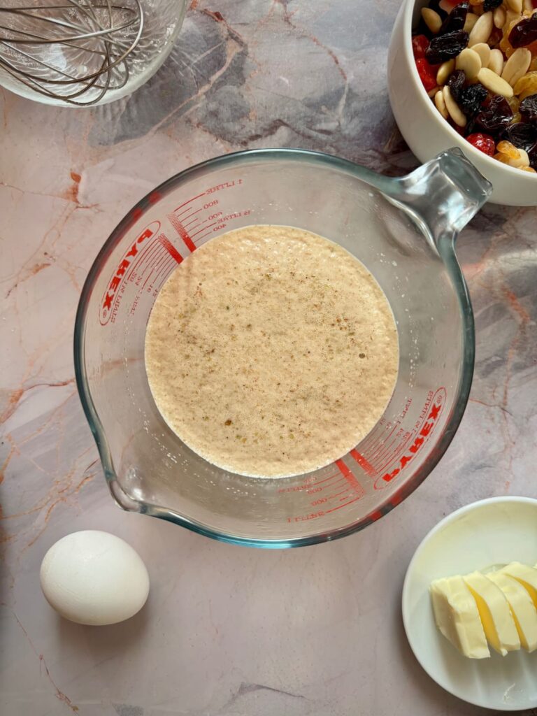 foamy and frothy yeast mixture.