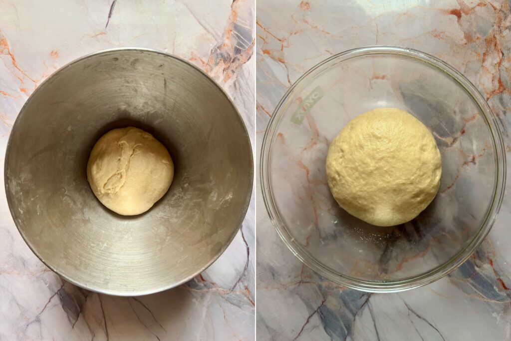 On the left: The dough after kneading enough. On the right: The dough after incorporating the butter.
