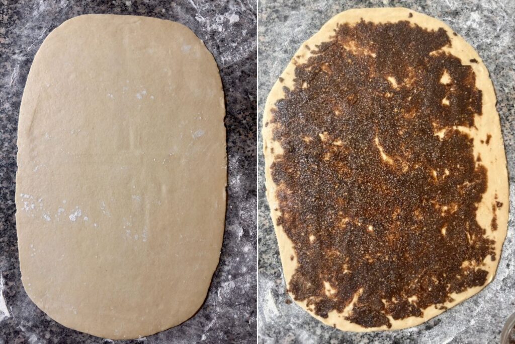 Left: Rolled dough. Right: Walnut filling evenly distributed over the rolled dough.