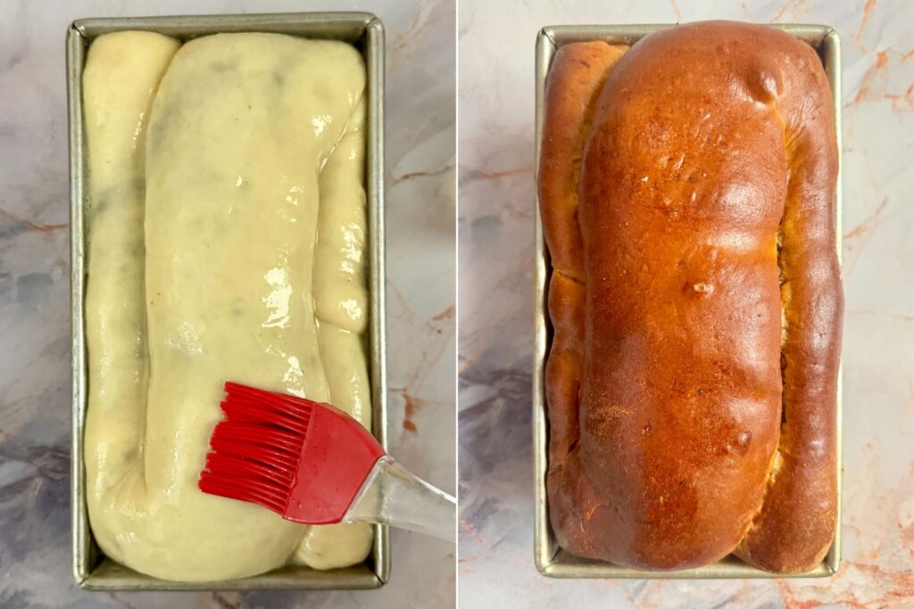 Povitica before and after baking.