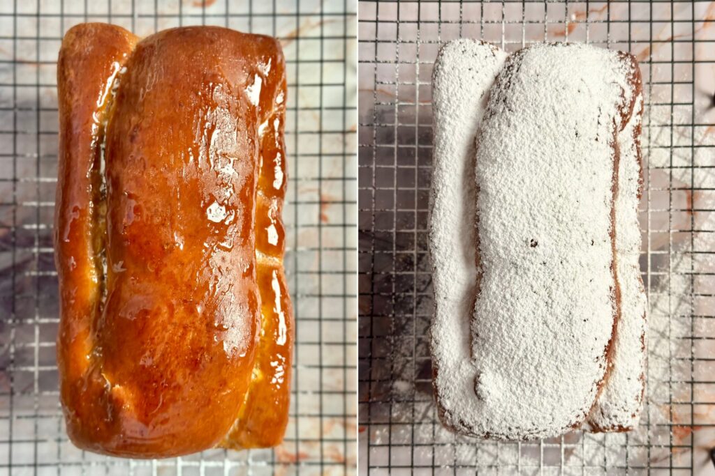Fresh Povitica bread before and after dusting the confectioners' sugar.
