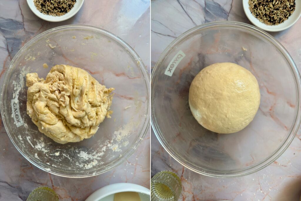 Lepinja dough before and after kneading.