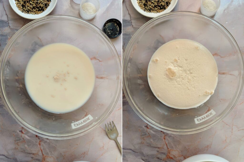 Yeast mixture before and after becoming foamy and bubbly.