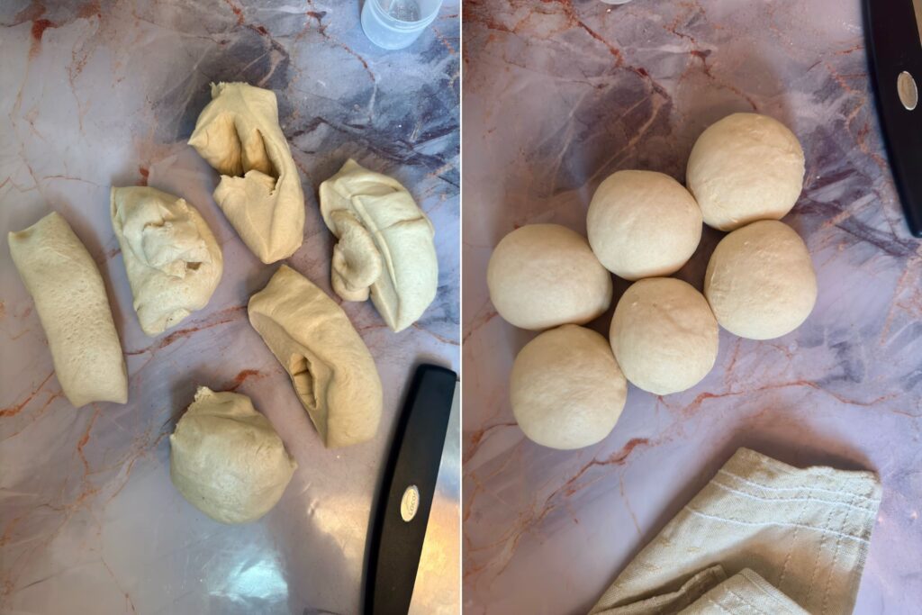 Left: Divided dough. Right: Shaped dough balls.