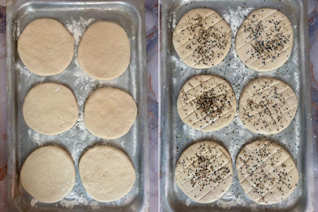 Flattened Lepinja dough rounds before and after the milk wash and seed topping.