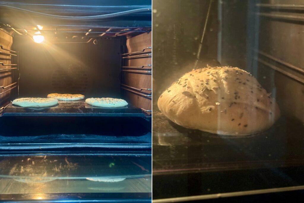 Left: 3 Lepinja dough batches ready for the oven. Right: Fully puffed Lepinja during baking.