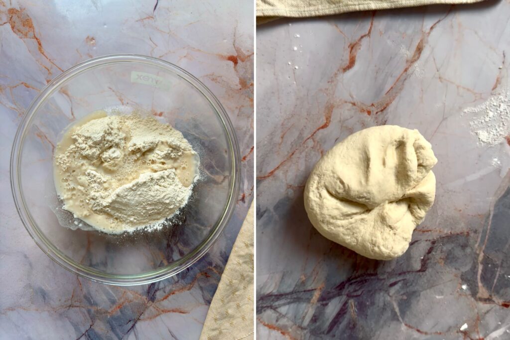 Left: A mixing bowl containing flour, salt, and boiling water. Right: The dough after all ingredients have been mixed together.