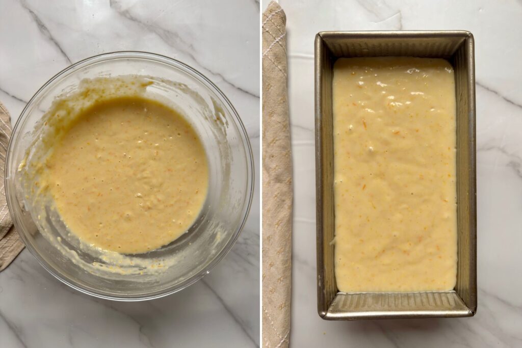 On the left: thick orange bread batter fully combined in a glass bowl. On the right: the batter poured evenly into a baking loaf pan.