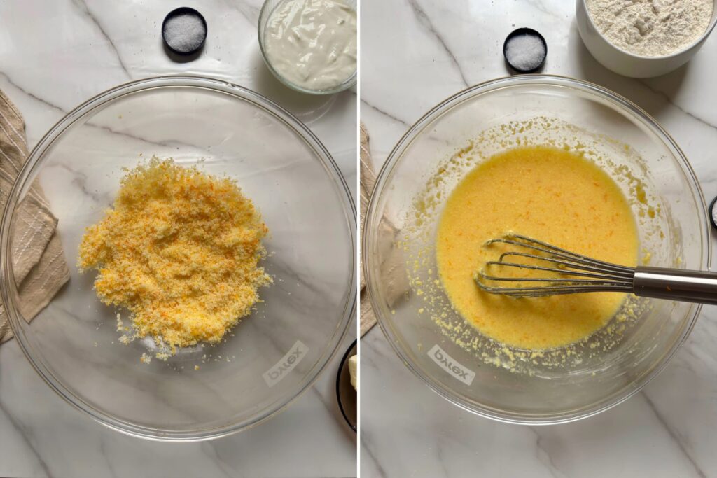 On the left: orange zest mixed with sugar in a glass bowl. On the right: whisked wet ingredients.