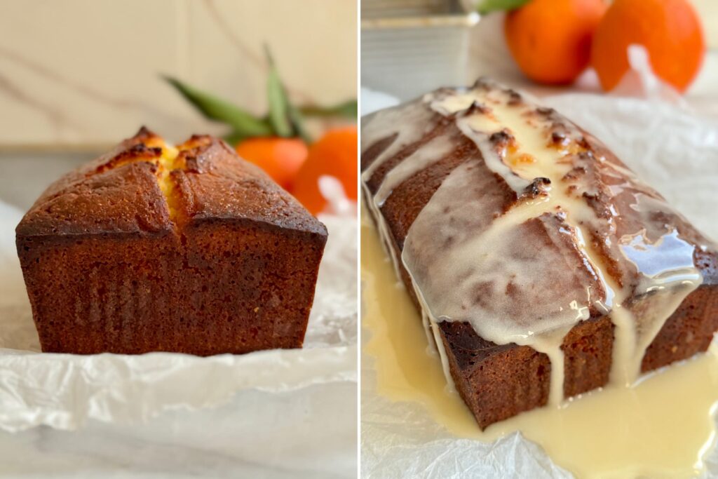 On the left: a freshly baked loaf of orange bread sitting on parchment paper. On the right: the same loaf being covered in a thick, dripping orange icing.