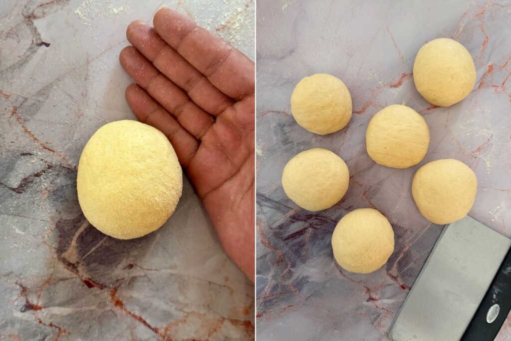 On the left: Ball dough being shaped by hand. On the left: Six equal, round buns on marbled surface. 