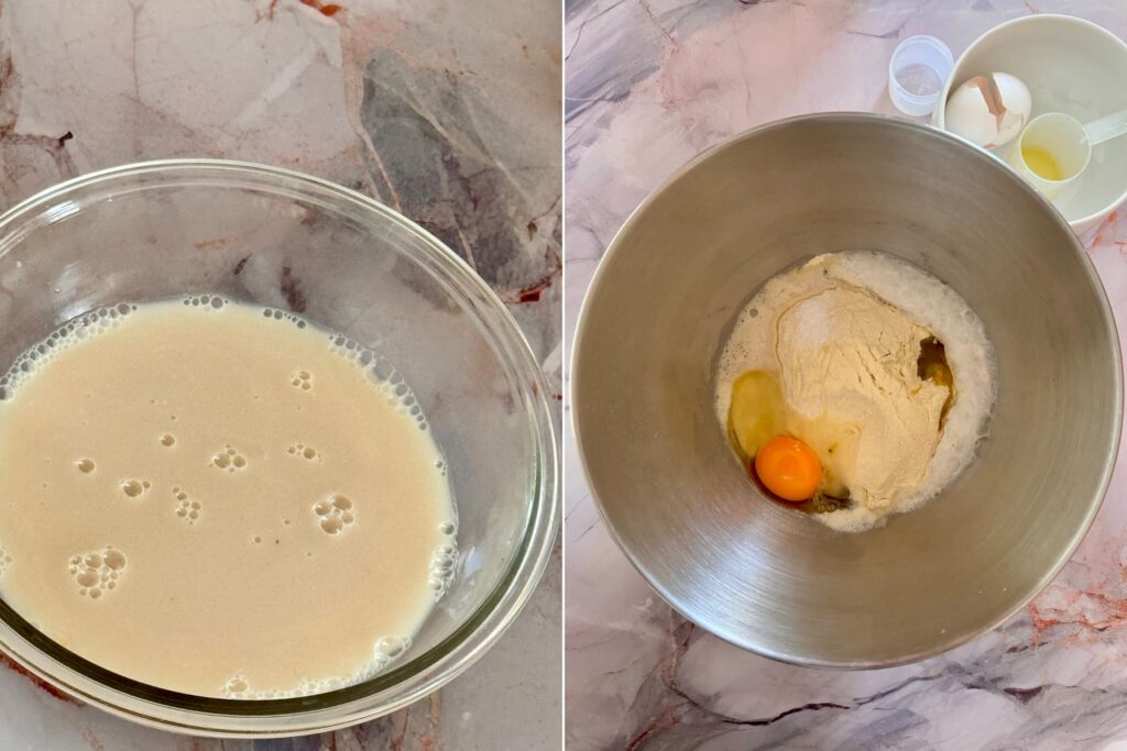 On the left: Active yeast mixture in mixing bowl. On the right: Mixer's bowl filled with with flour, salt, an egg, and olive oil.