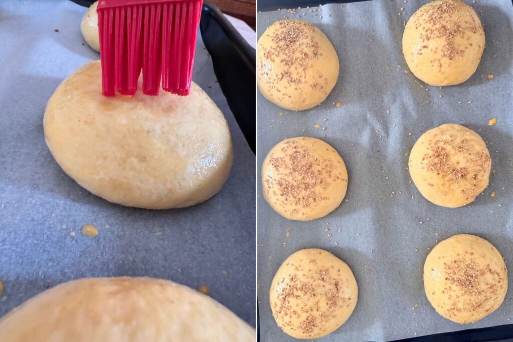On the left: risen semolina buns being brushed with egg wash. On the right: semolina buns sprinkled with sesame seed before baking.