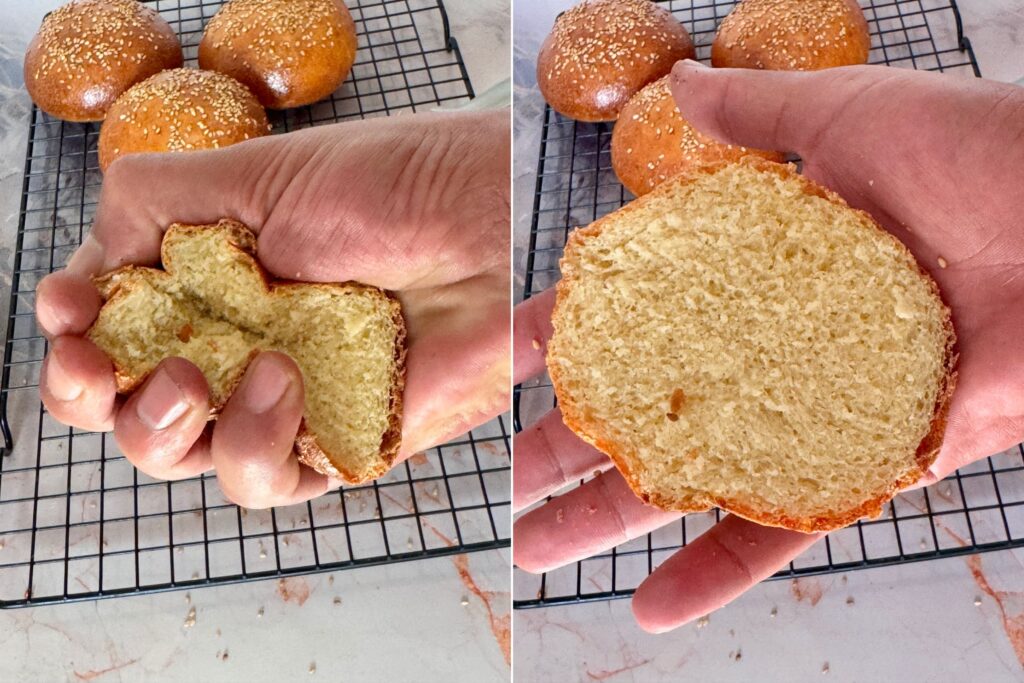 On the left: slice of Semolina bun squeezed in hand. On the right: slice of Semolina bun slice after squeezed.