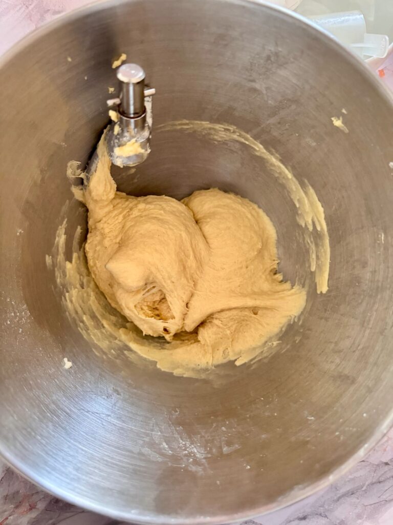 Well developed semolina bun dough in mixer's bowl.