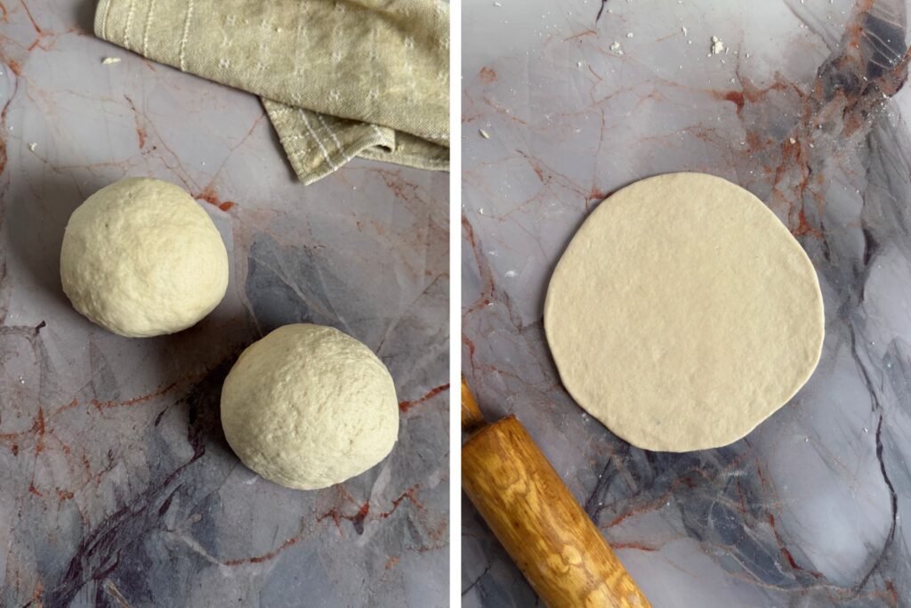 On the left: Two small balls of unleavened dough. On the right: One piece of unleavened dough rolled out into thin, flat circle.