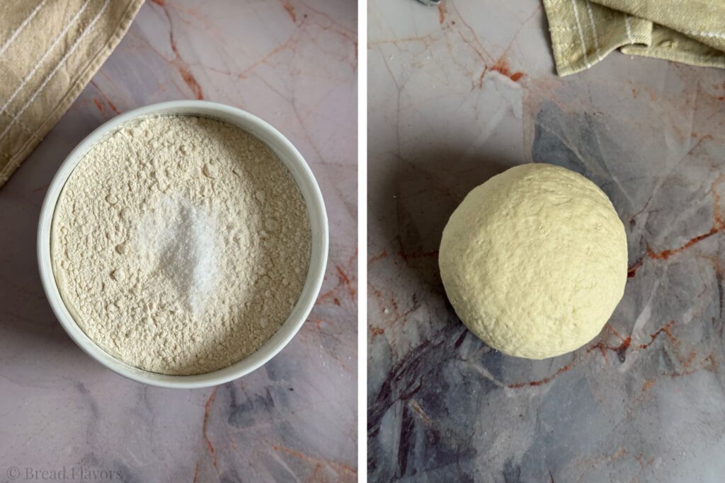 On the left: Bowl of flour mixed with salt. On the right: the unleavened dough after kneading process.