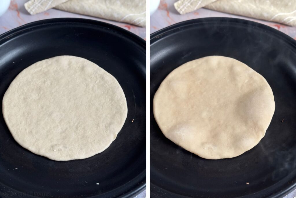 On the left: Raw dough in a skillet. On the right: unleavened bread beginning to puff up.