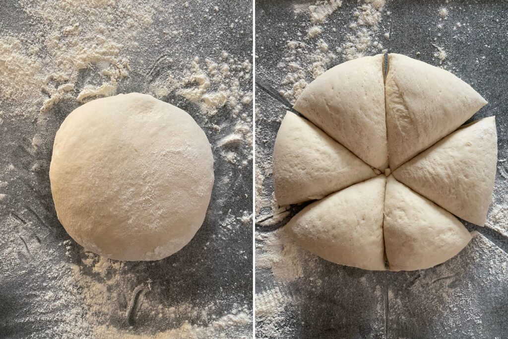  A two image showing the Jerusalem bagel dough before and after dividing.  
