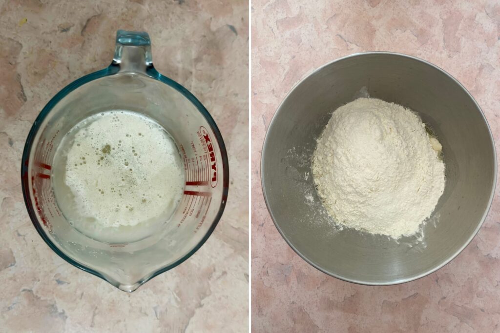 On the left: Yeast mixture begin to activate. On the right: all Jerusalem bagel dough ingredients in the bowl of mixer.