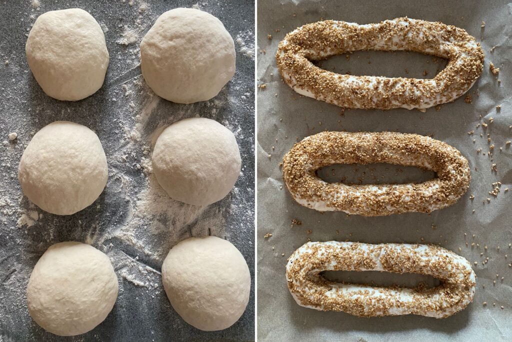 On the left: 6 shaped dough balls. On the right: 3 shaped Jerusalem bagels coated in sesame seeds on a baking sheet. 
