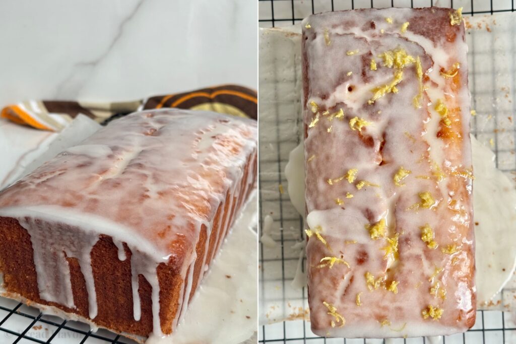 On the left: a image show the lemon icing dripping down the sides of the loaf. On the right: top-down view of iced loaf topped with fresh lemon zest.