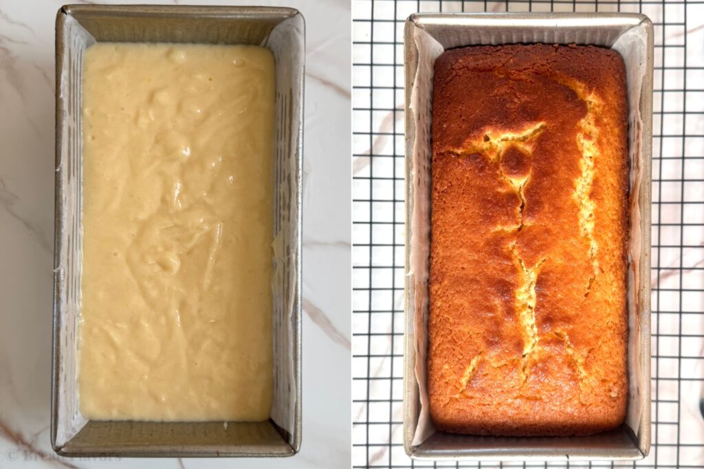 On the left: lemon batter poured into a parchment-lined loaf. On the right: baked lemon bread. 