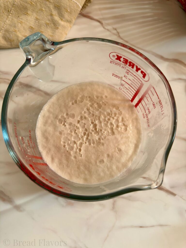 Active yeast mixture foaming in a glass measuring cup.