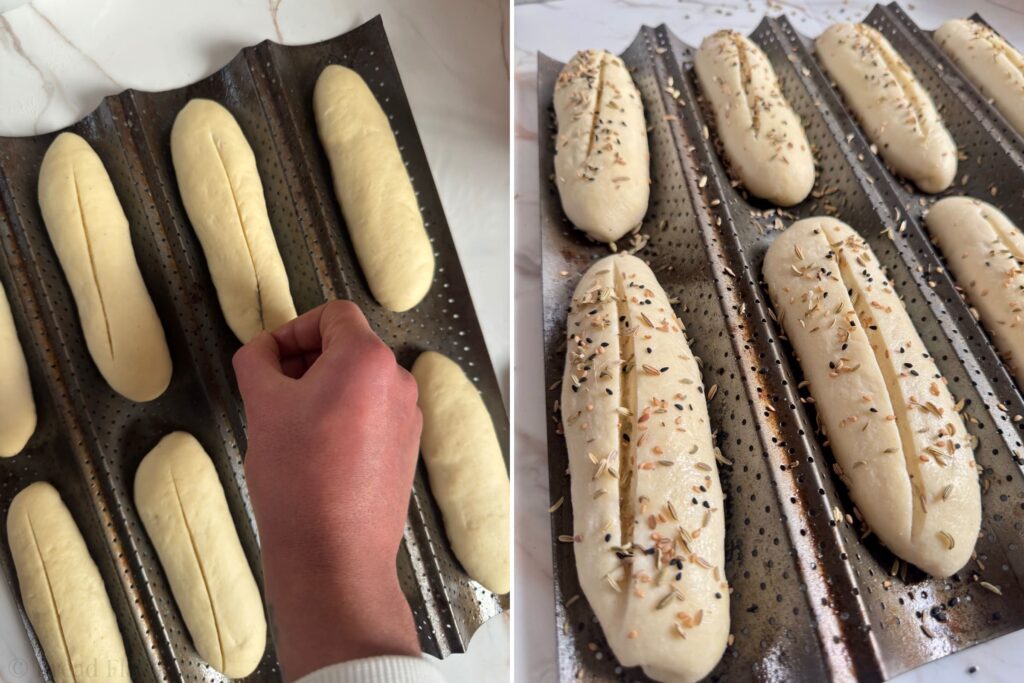 On the left: A hand scoring long dough rolls. On the right: Topped semolina rolls with seeds before baking.