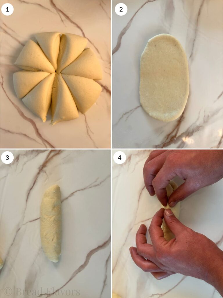 A 4-step collage showing dough being divided, flattened into an oval, rolled into a log, and pinched at the seam.